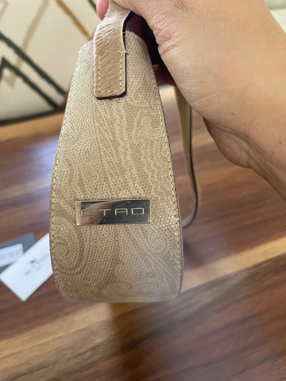 Etro Unique Light Cream & Taupe Paisley Print Fur Lined Strap Hand Bag. - Picture 2 of 8